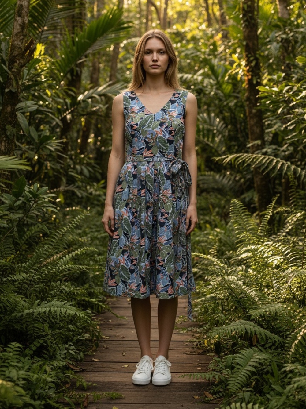 LL Bean Signature Tropical Leaf Cotton Poplin Dress Size 16 NWT